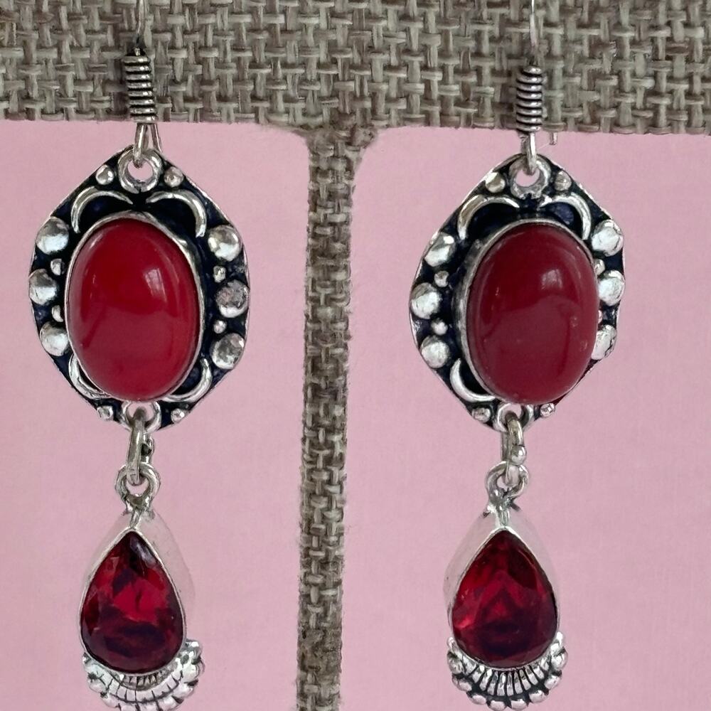 925 Silver Red Coral Garnet Dangle Earrings